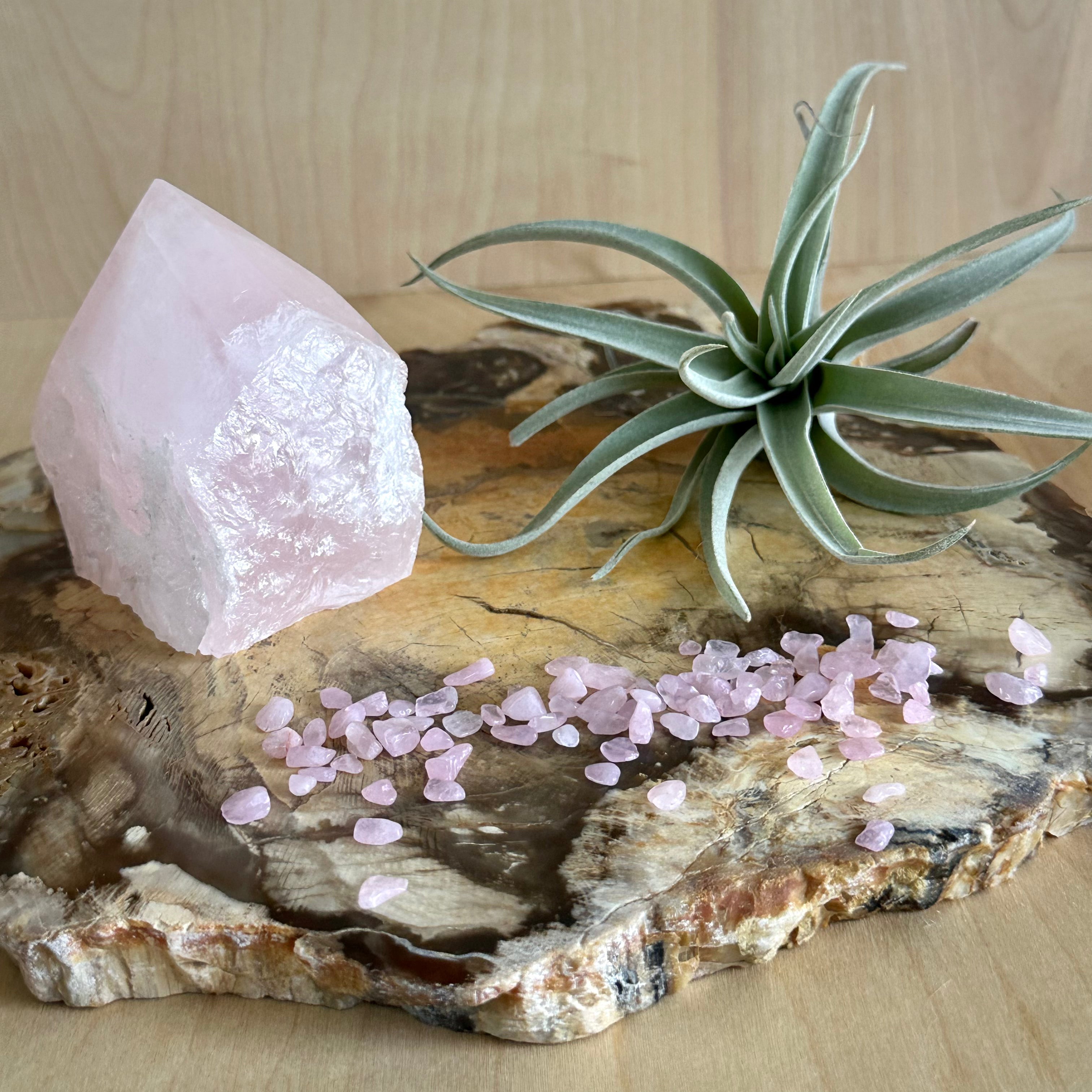 Rose quartz crystal for love and compassion styled in home decor