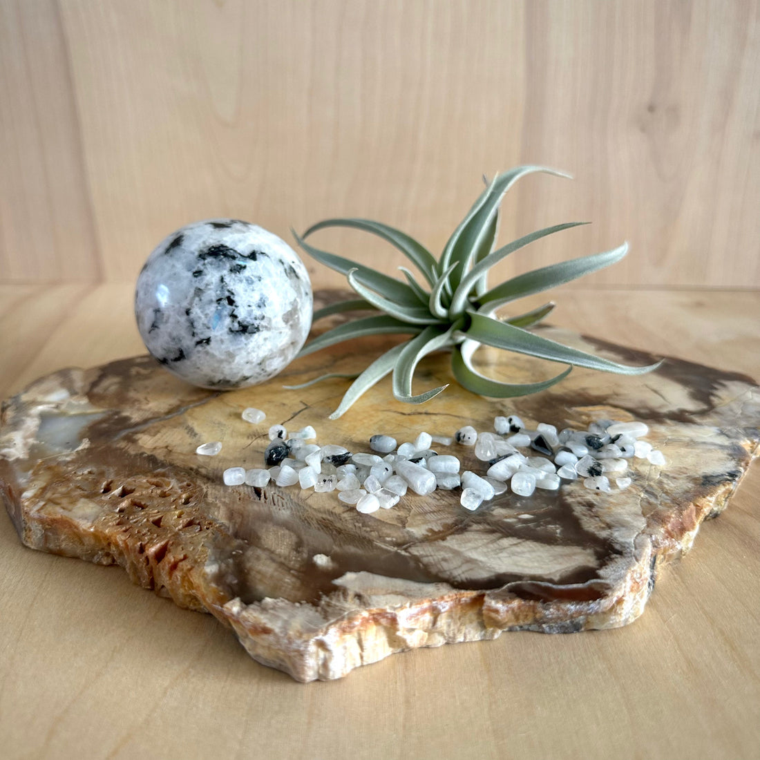 Moonstone crystal for intuition and calm styled in home decor