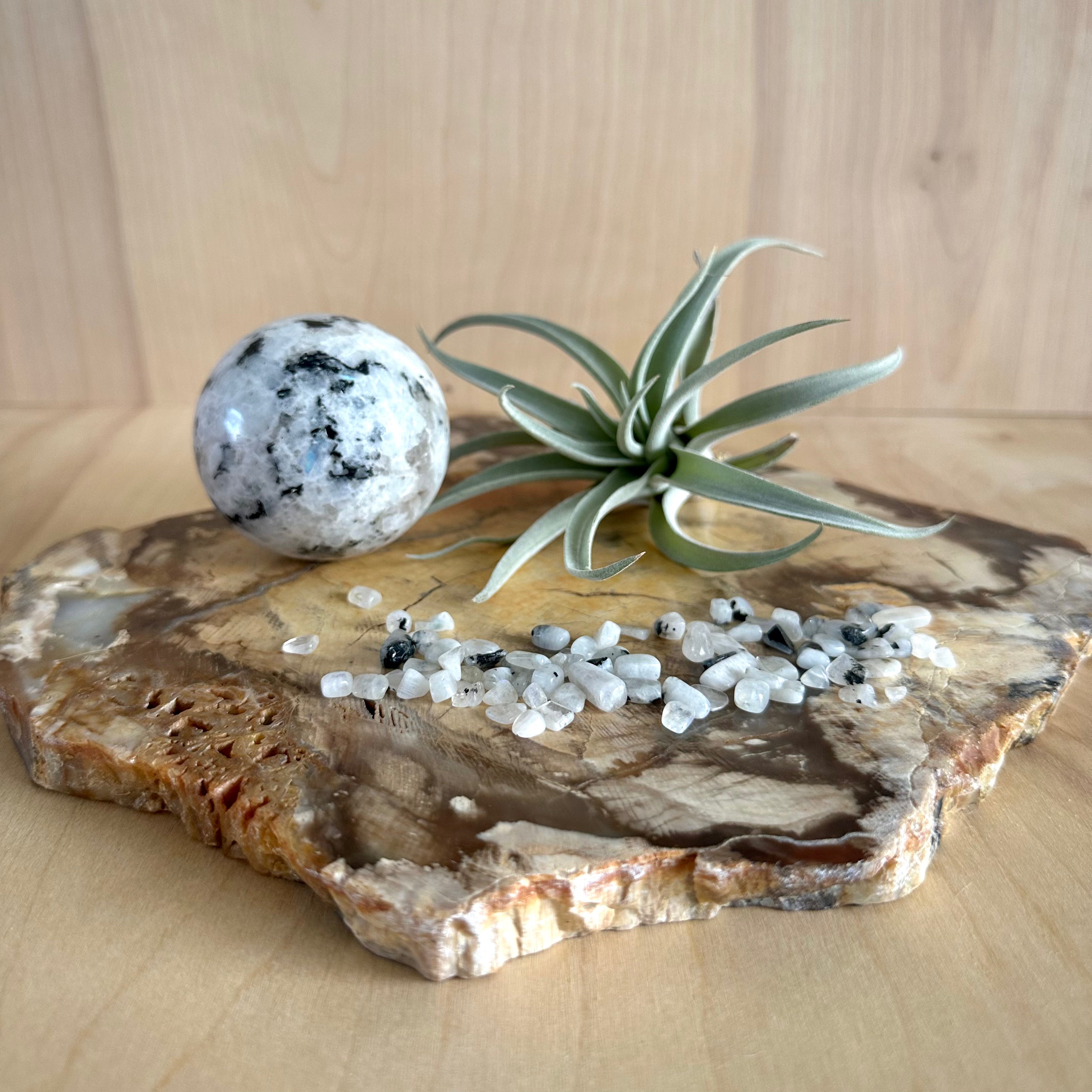 Moonstone crystal for intuition and calm styled in home decor