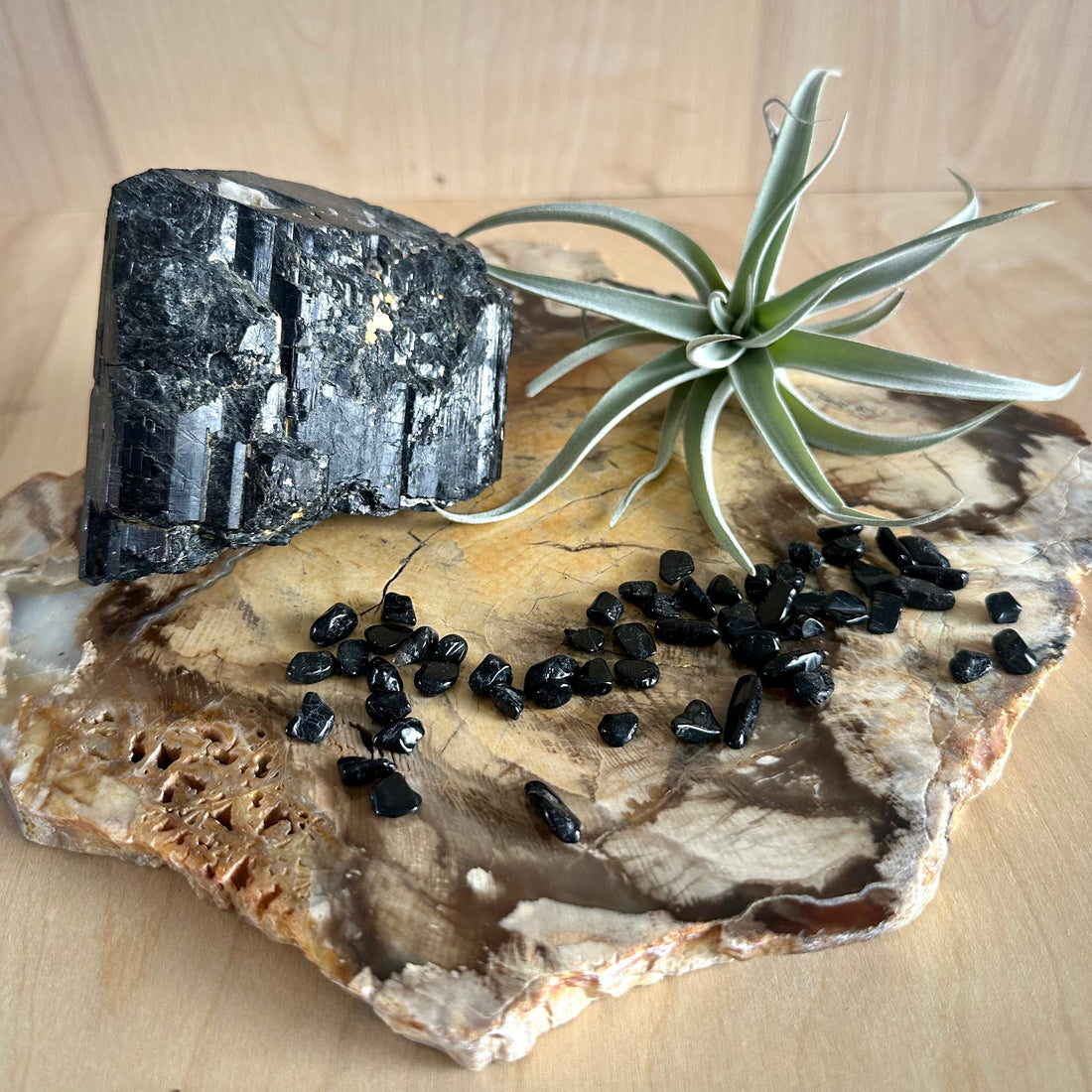 Black tourmaline crystal for grounding and protection styled in home decor